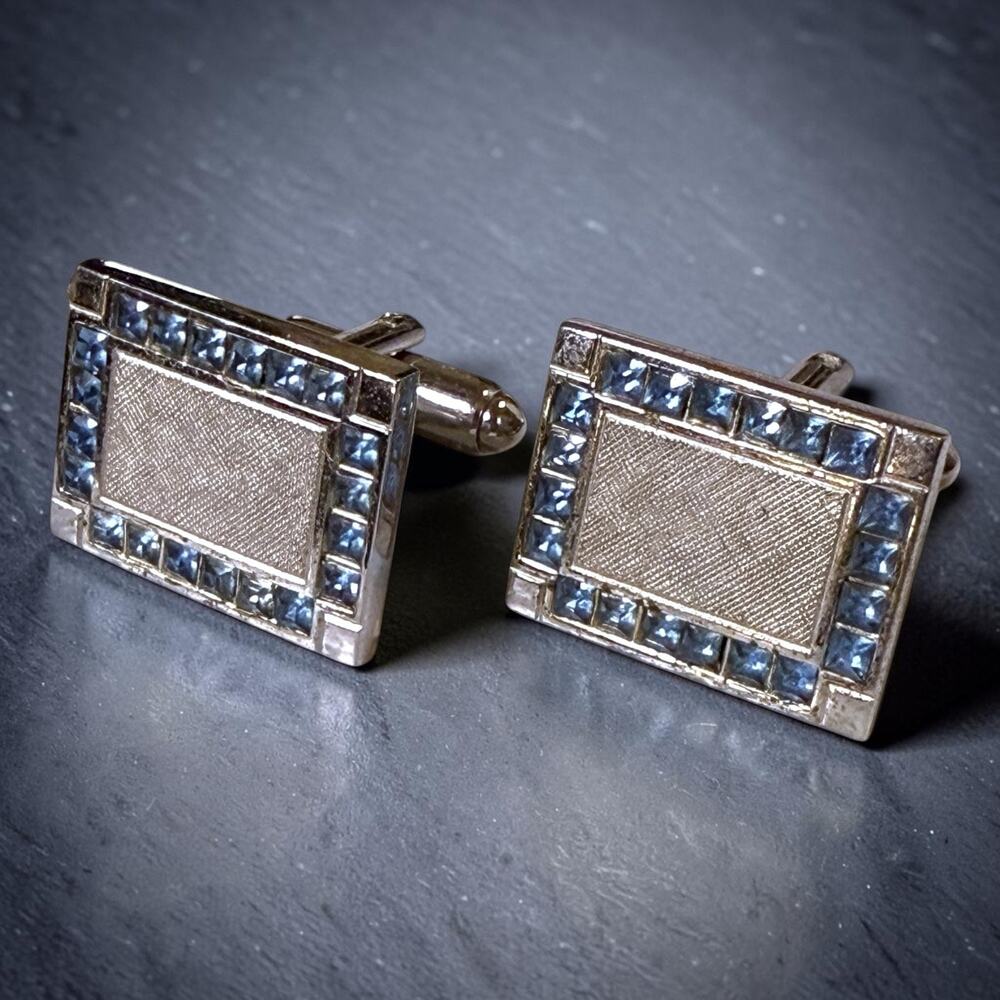 Vintage Dante Cufflinks Mens Silver Tone Brushed Aqua Glass Jewels Bullet Back